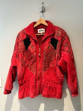 Vintage CHIA Red 100% Leather Patchwork Plaid Western Jacket Bomber Size Medium